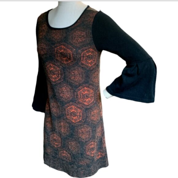 Aryeh BOHO Mod Knit Dress Bell Sleeve Geometric Print Sz S Black Multicolor #20E - Picture 4 of 8